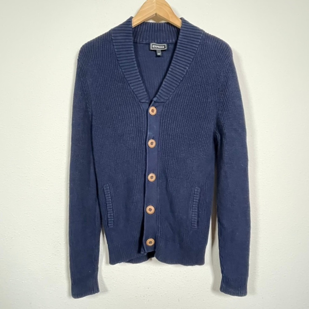 Express Cardigan Mens Small Blue Shawl Collar Ribbed Knit Cotton Button Sweater